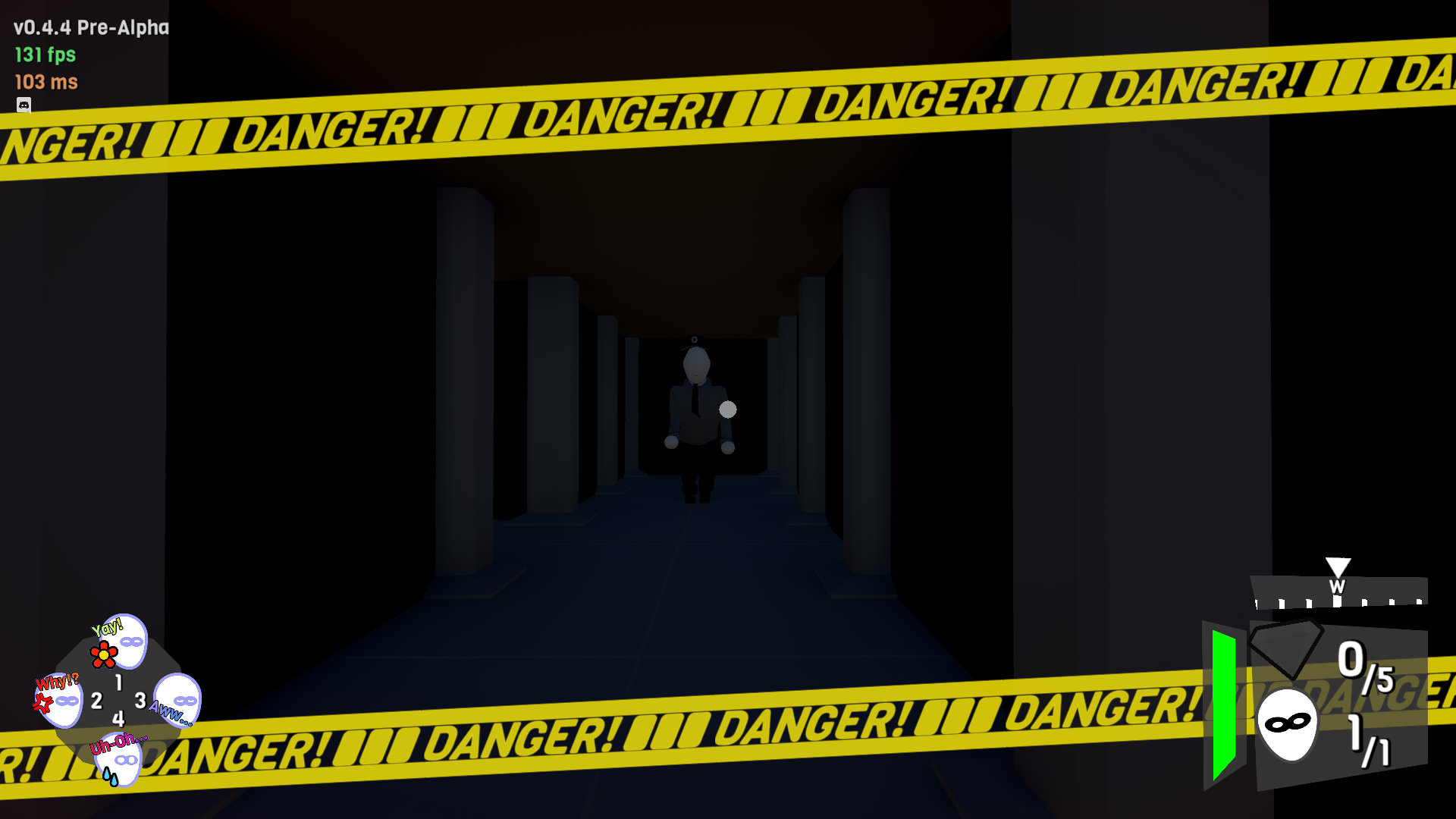 A screenshot of the Sneaksters game. A guard is running towards the player. Along the top and bottom of the screen are glowing yellow banners that read "DANGER!".