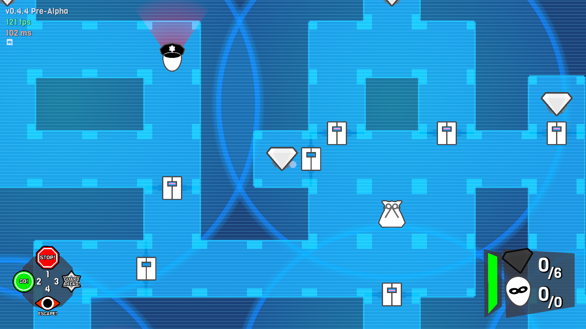 A screenshot of the Sneaksters game. The player is viewing the level from a top-down "cyber" view, tinted blue. They can see icons representing doors, gemstones, and guards.