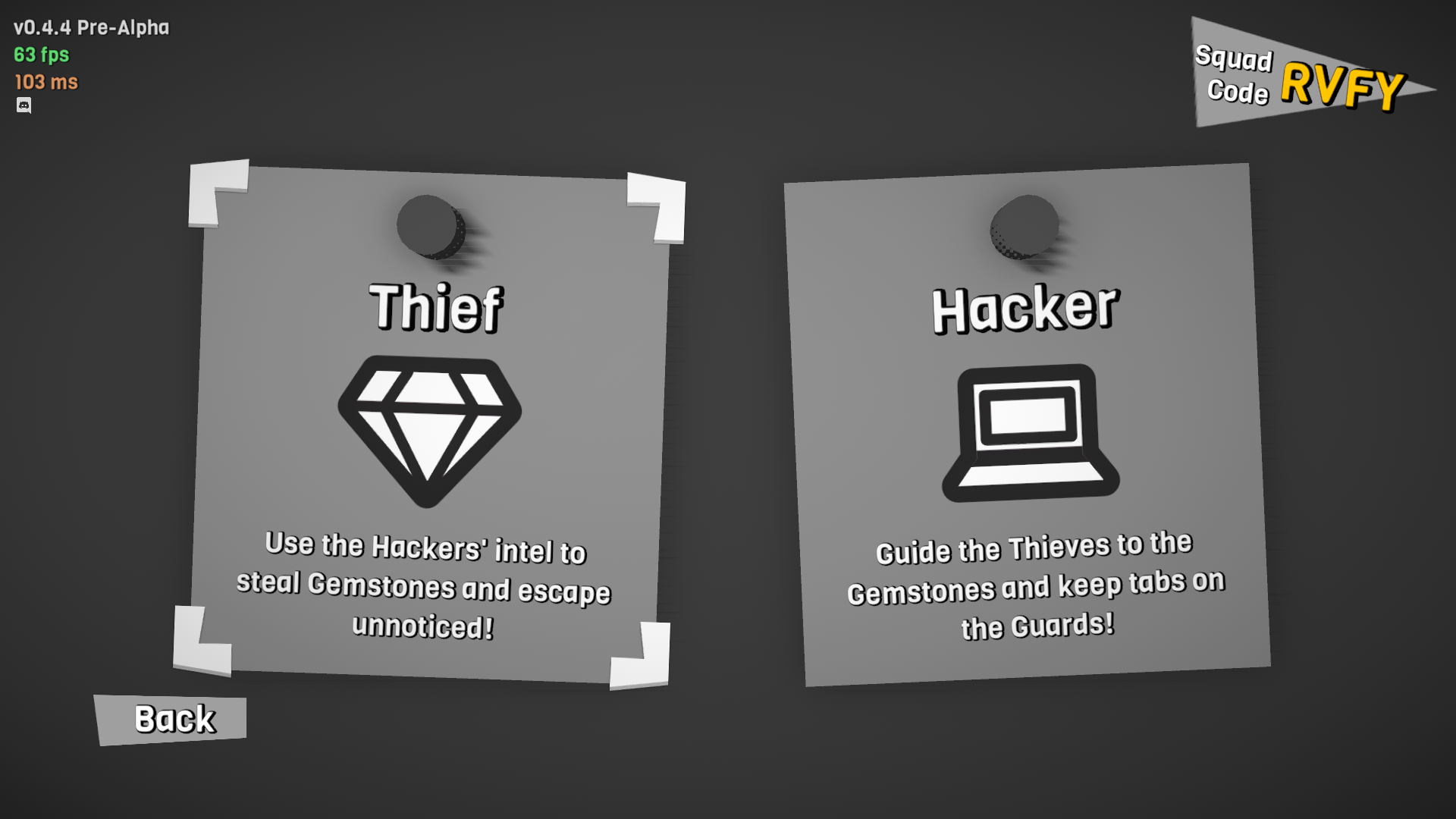 A screenshot of the Sneaksters game. The player has an option to choose between "Thief" (with a gemstone icon underneath it) and "Hacker" (with a laptop icon underneath it).