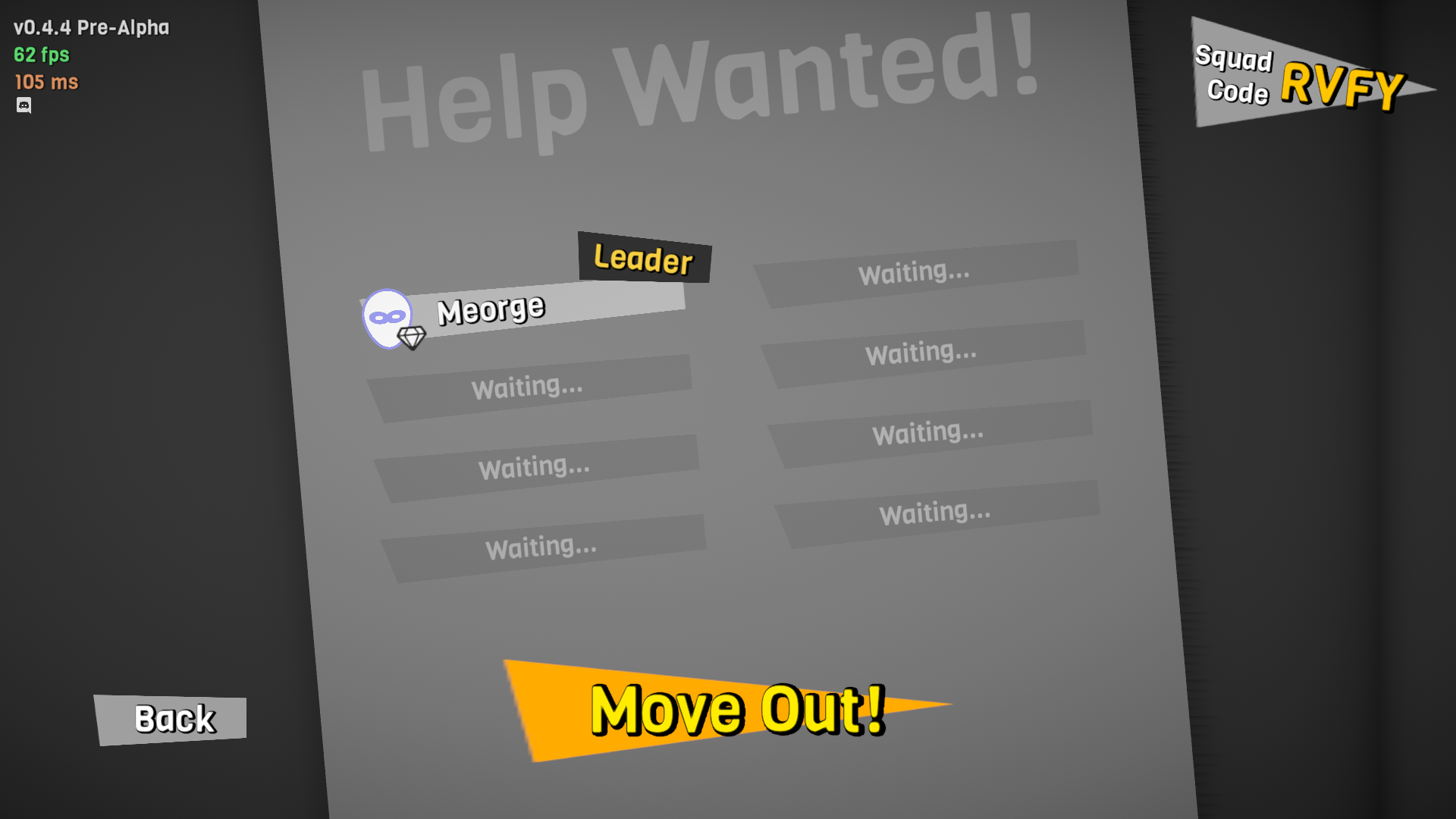 A screenshot of the Sneaksters game. The player, named "Meorge", is sitting in a waiting room. They have a gemstone next to their icon, and they are labeled "Leader". An orange button at the bottom of the screen says "Move Out!".